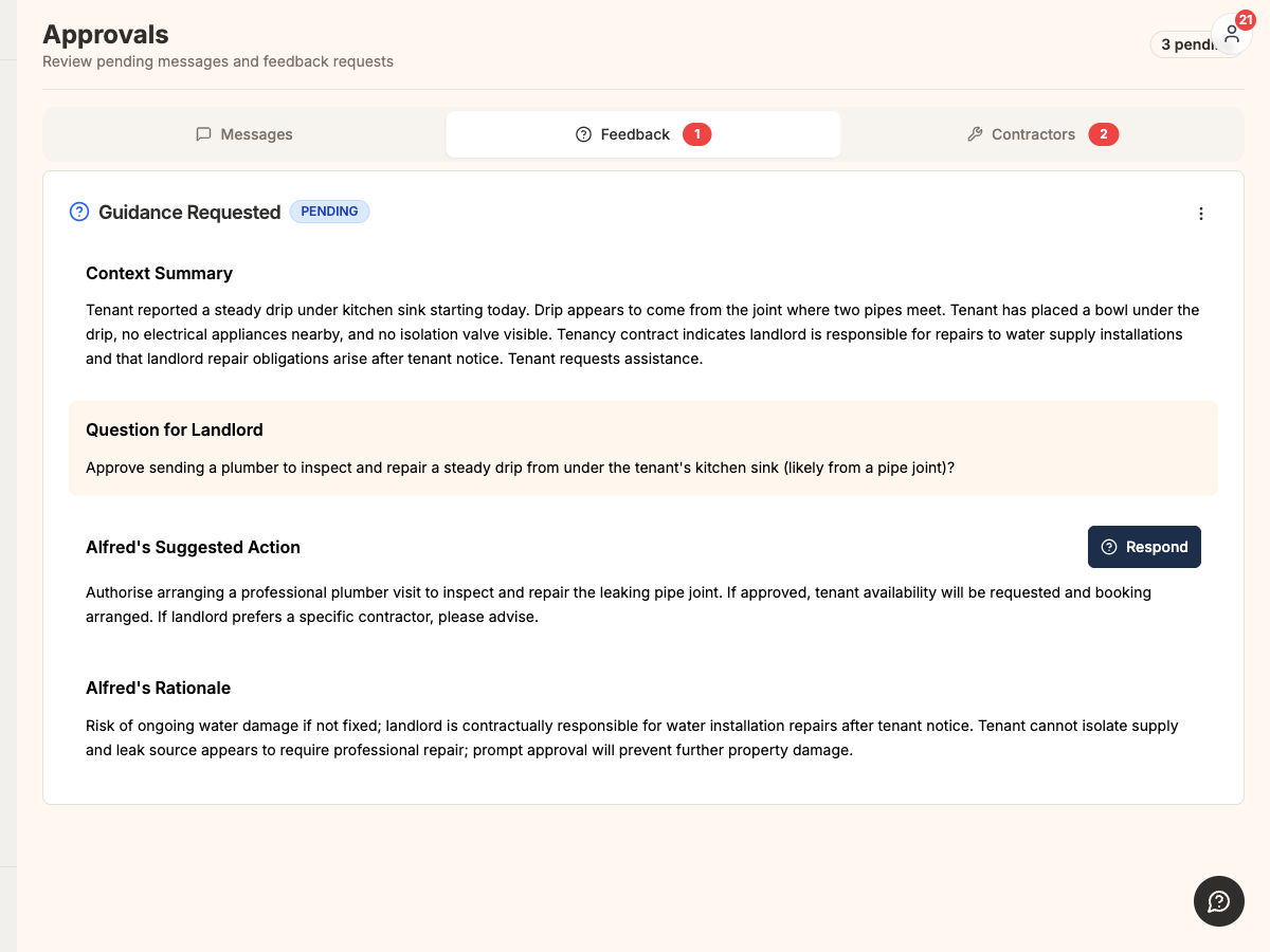 Approval workflow showing message review with approve and edit options