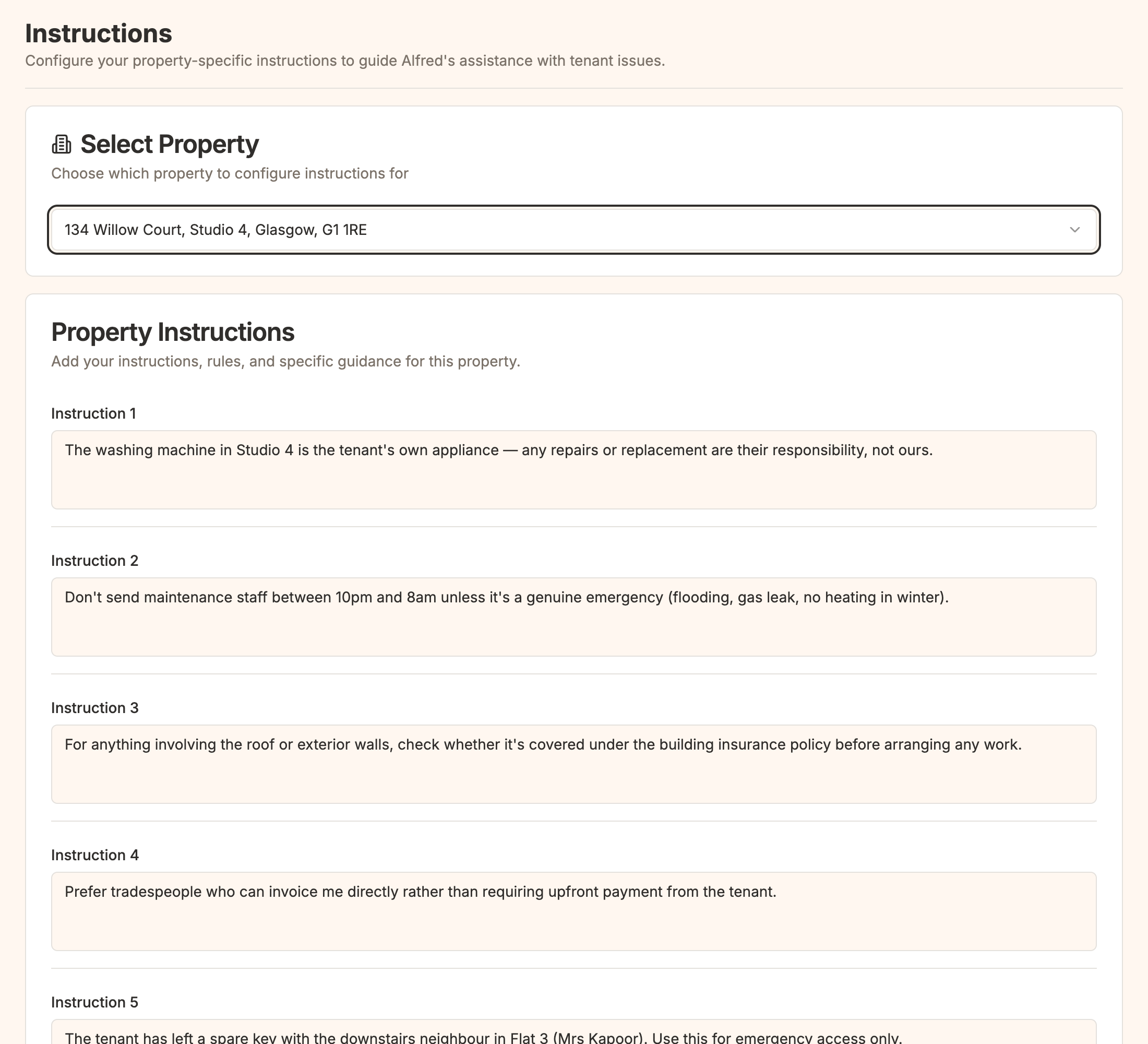 Landlord instructions page with personalised property management rules