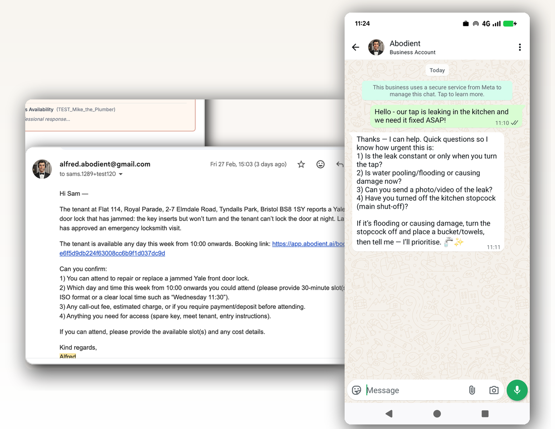 WhatsApp and email communication channels for tenant and contractor messaging