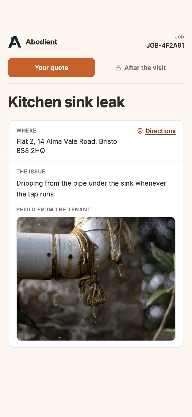 Kitchen sink leak: the address, the tenant's note and their photo