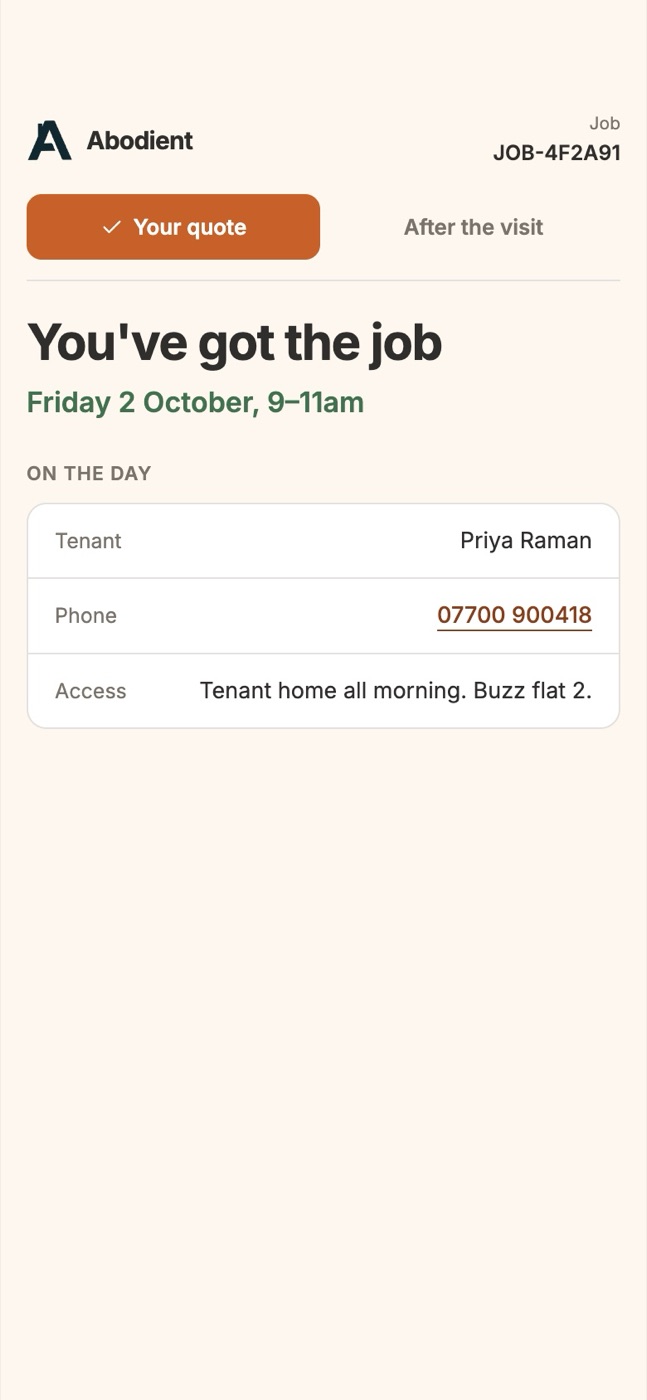 You've got the job: Friday 2 October, 9 to 11am, with the tenant's details