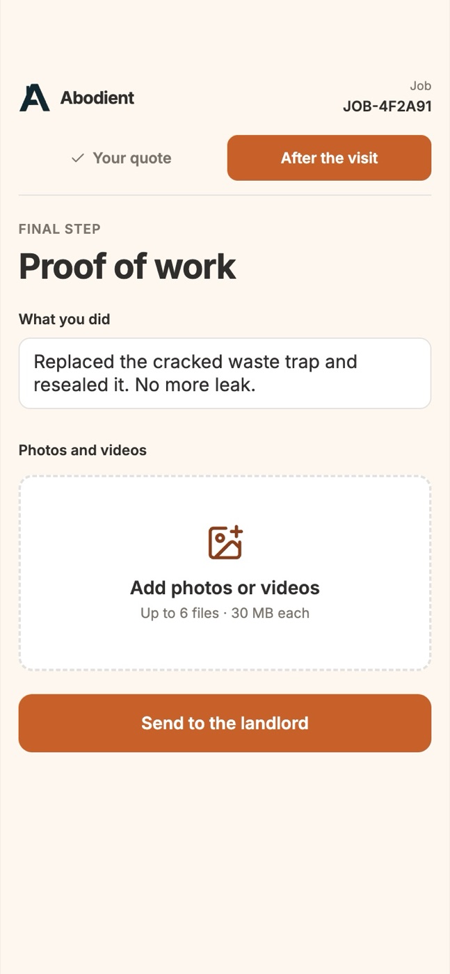 Proof of work: what was done, with photos or videos, sent to the landlord